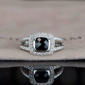 David Yurman Sterling Silver Petite Albion Black Onyx Diamond 7mm Ring Sz 8